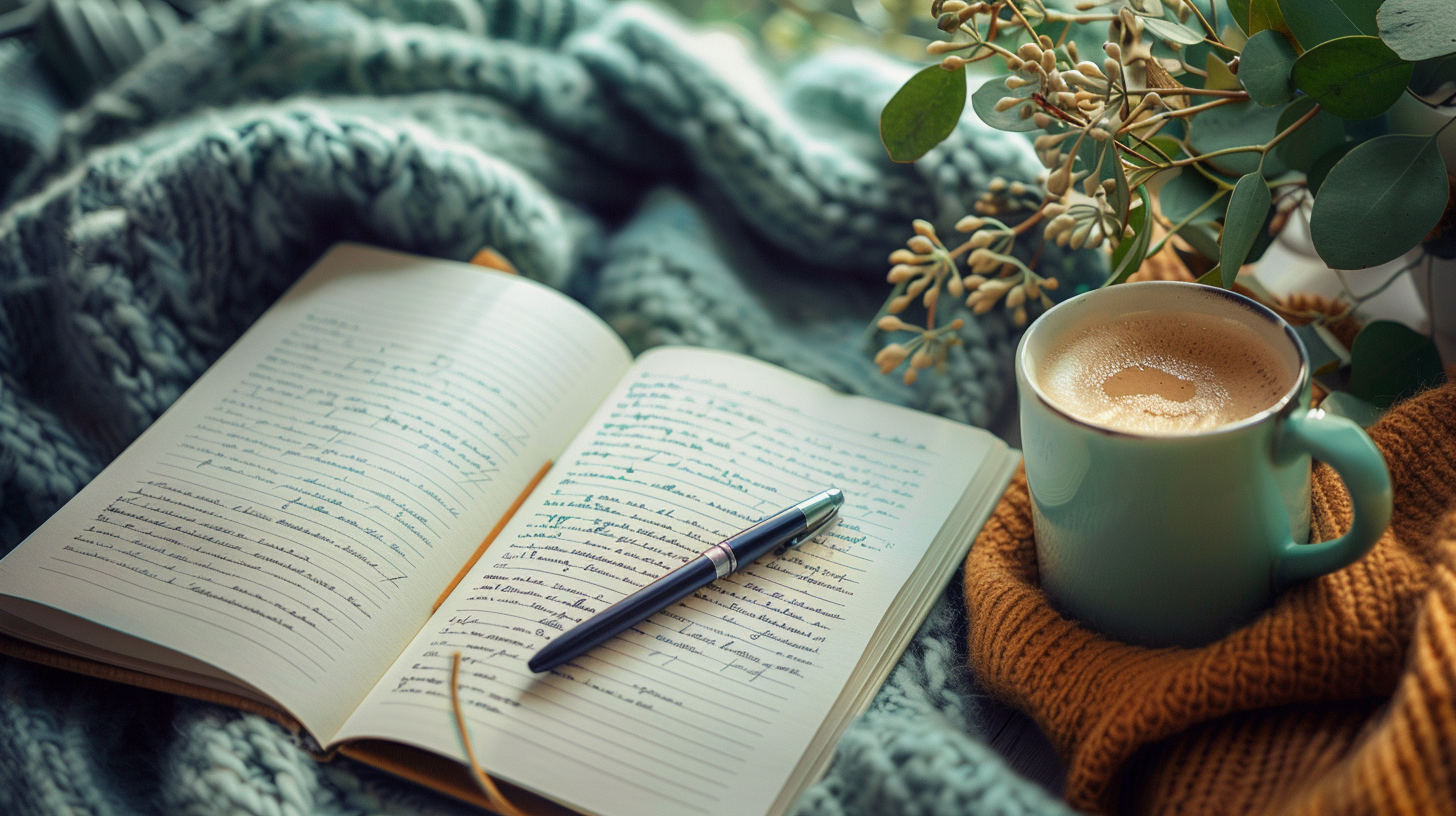 Open notebook with handwritten notes, pen resting across the page, and coffee mug in autumn light, symbolising content creation.