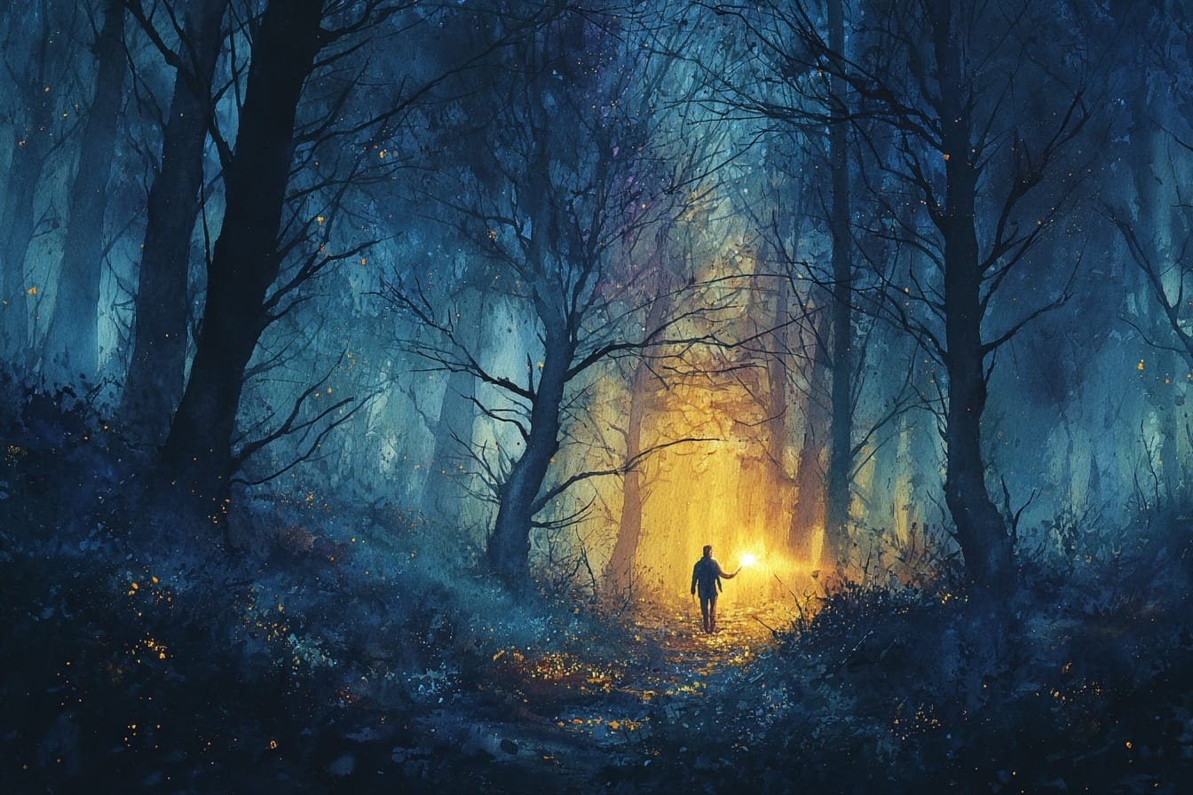 Watercolour painting of a solitary figure walking through dark woods holding a torch, golden light cutting through the surrounding blue shadows.