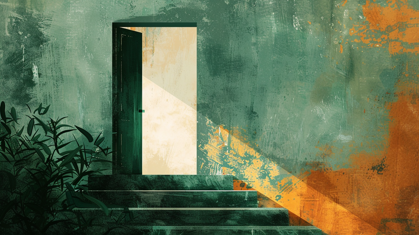 Illustration of a doorway opening into warm light with earthy green accents.