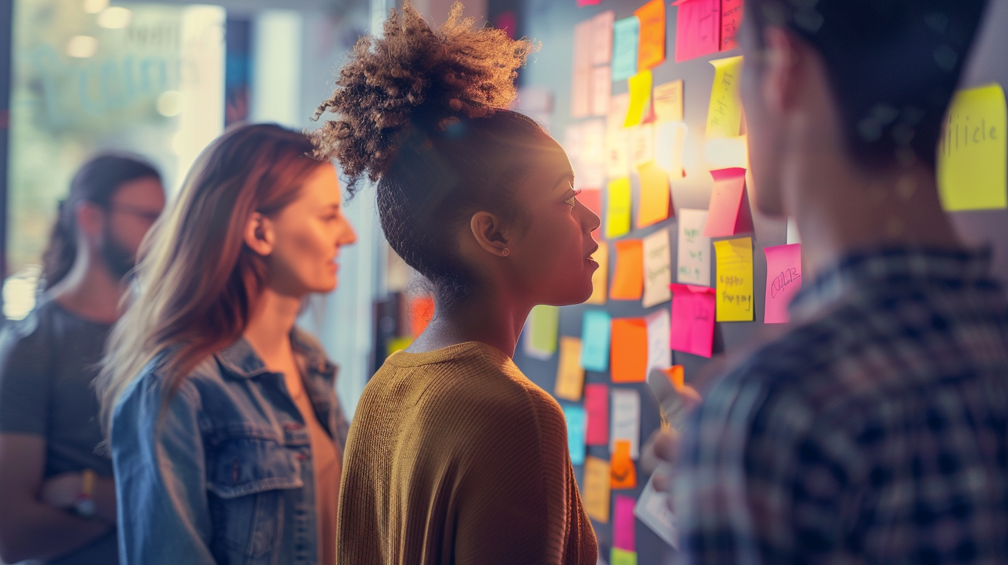 A group of people in a room looking at a wall covered with colourful sticky notes
