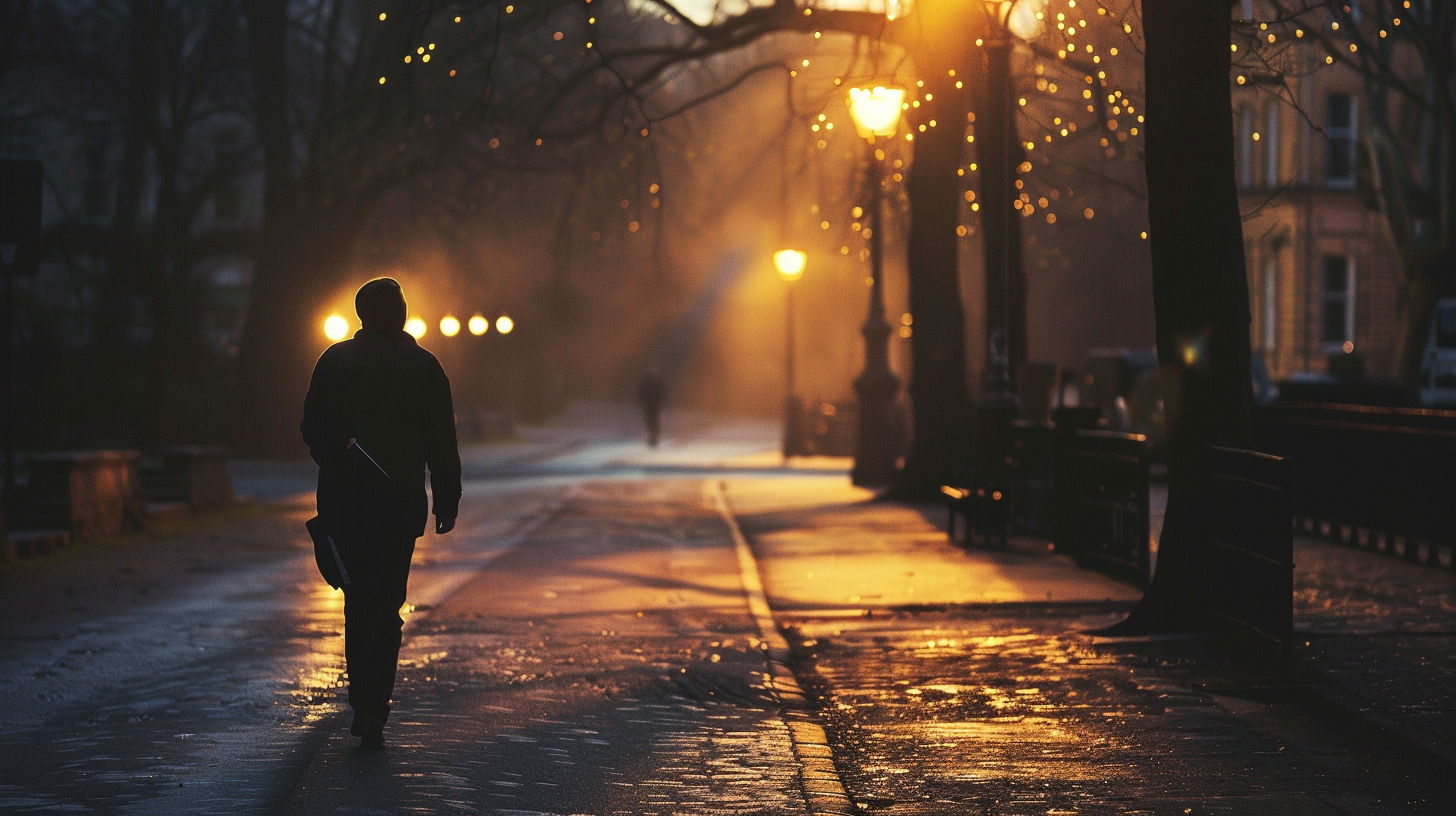 A person walking alone on a quiet city street at dusk under glowing streetlights.