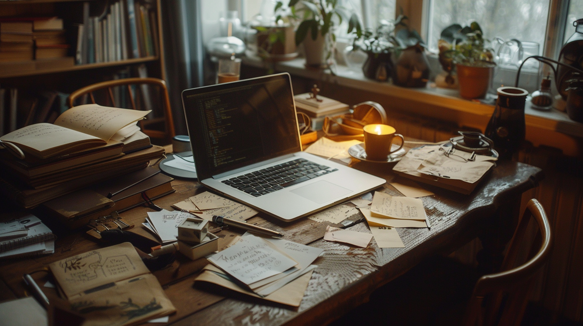 A cluttered desk with handwritten notes, laptop and a mug of tea in soft daylight.