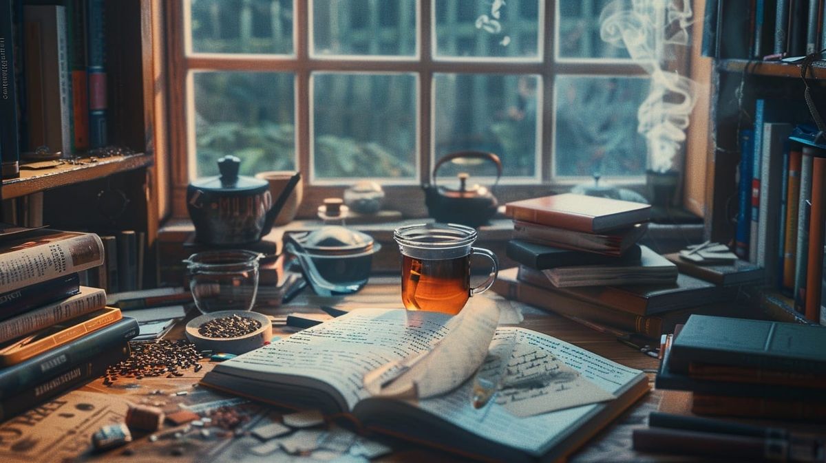 A cluttered desk with open books, notebooks, and a mug of tea in front of a window with soft daylight.