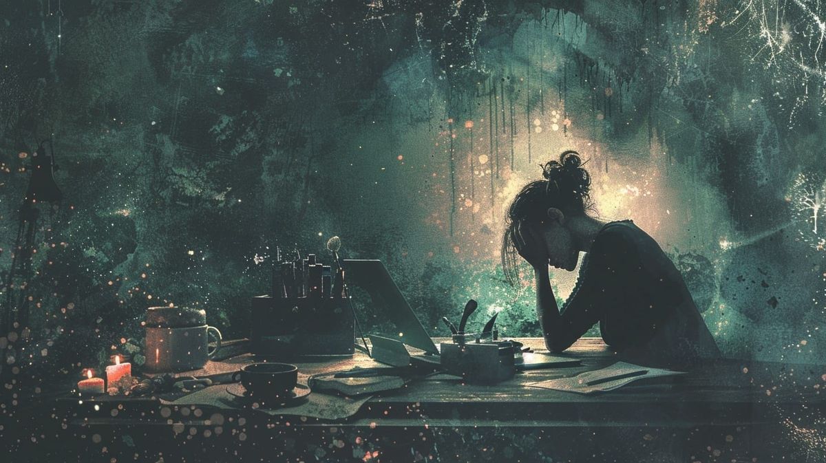 Moody illustration of a woman sitting at a cluttered desk with her head in her hands, surrounded by shadows and candlelight, symbolising exhaustion, pressure and anger held in silence.