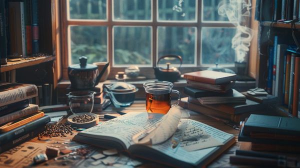 A cluttered desk with open books, notebooks, and a mug of tea in front of a window with soft daylight.