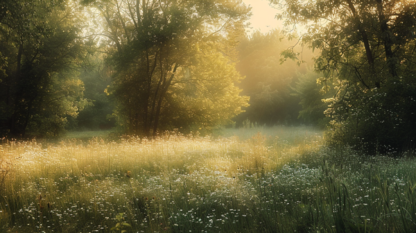 A meadow at dawn, golden spring light streaming through the trees onto wildflowers and tall grass.