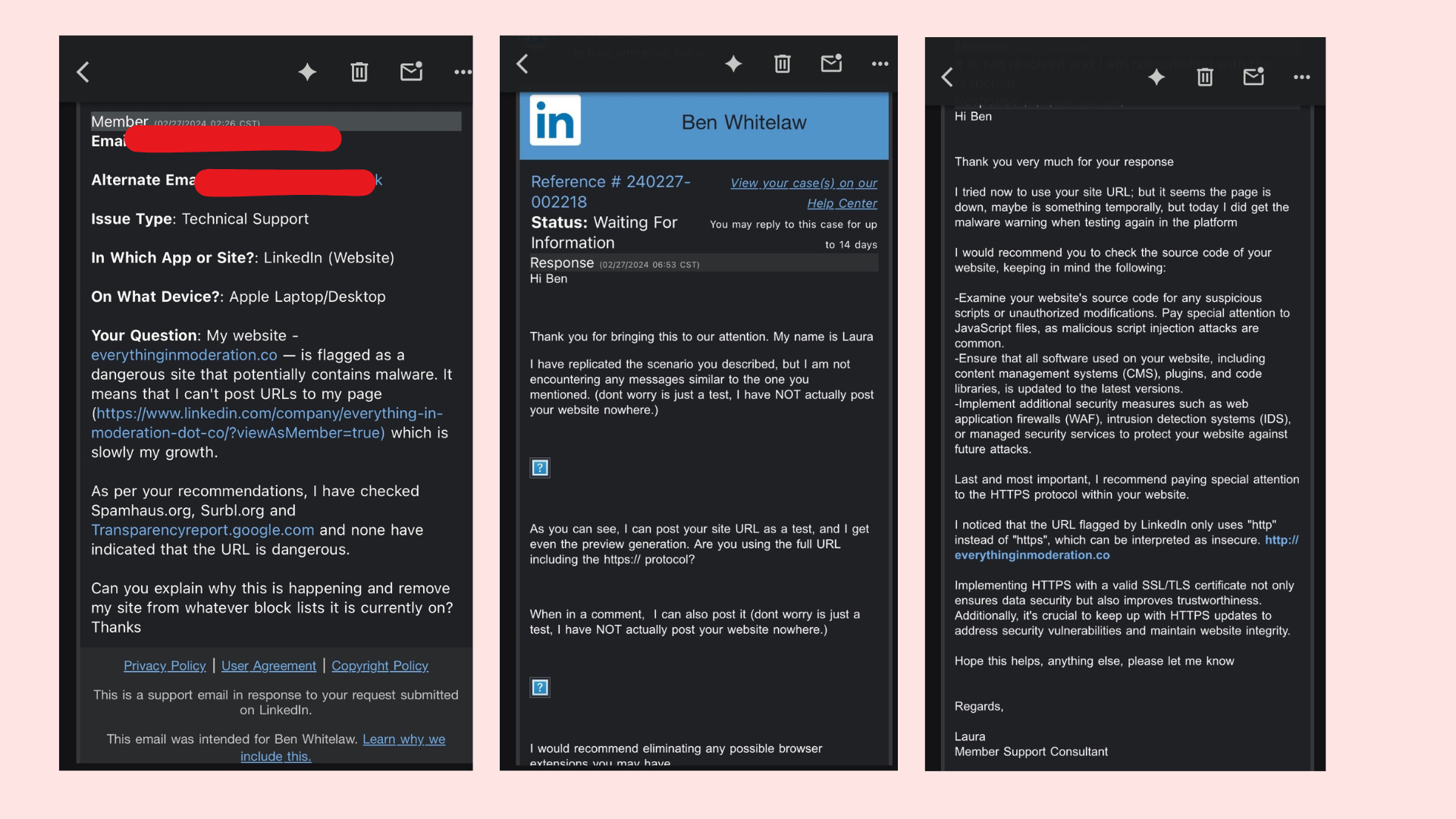 three screengrabs showing with LinkedIn agent regarding the malware issue