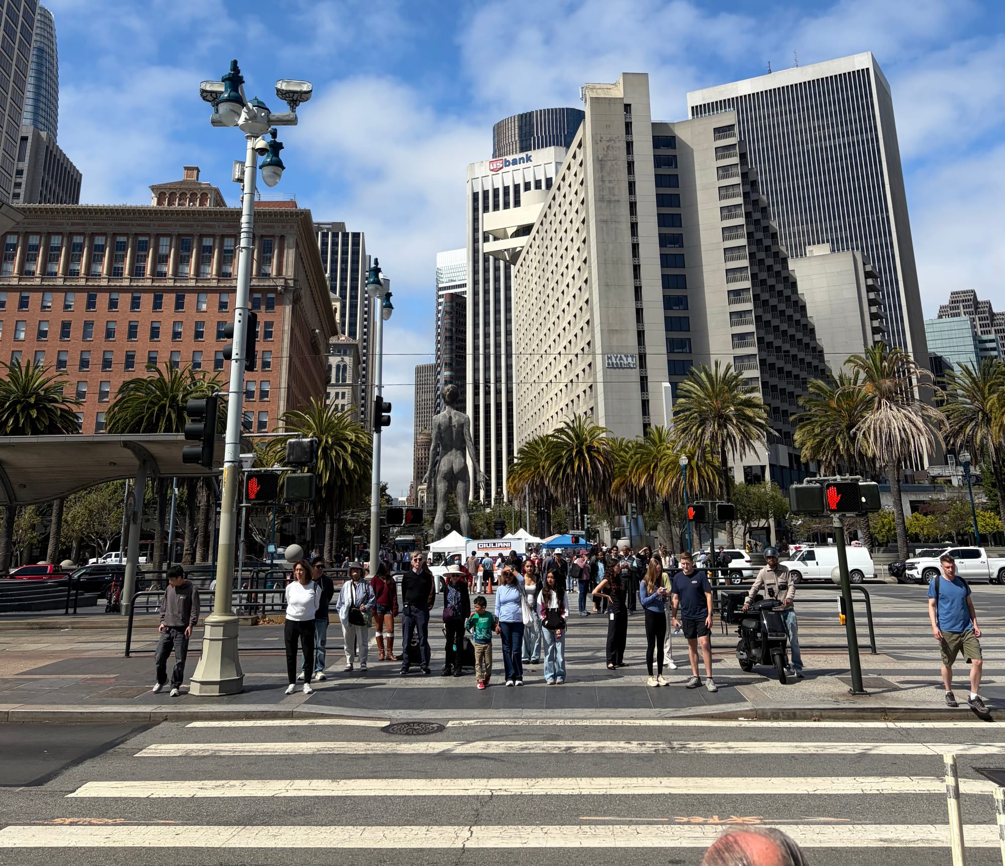 People crossing a road in San Francisco near Embarcadero