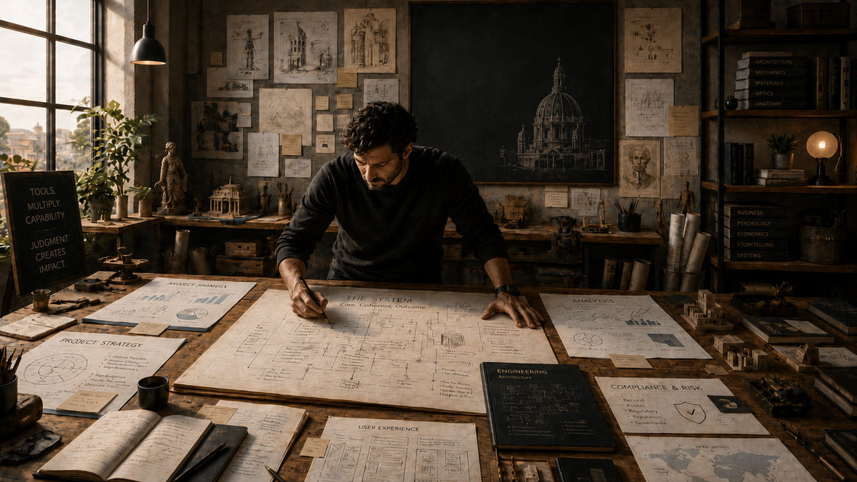 A single software engineer at the center of a diagram, surrounded by AI agents handling product, design, marketing, and support functions that were previously separate roles.