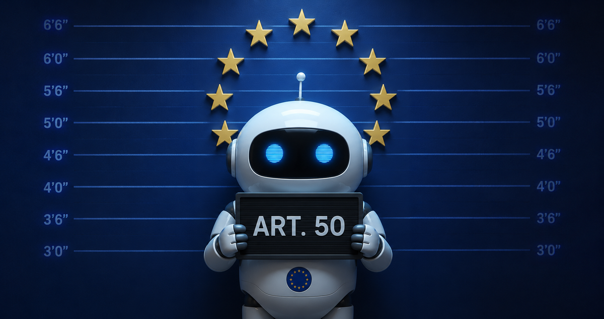 A robot beneath EU stars, representing Article 50 AI transparency duties.