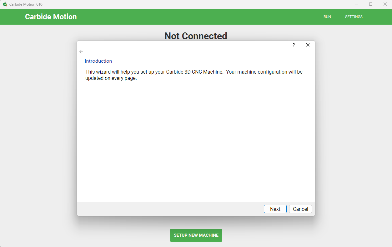 Start of Machine Setup Wizard