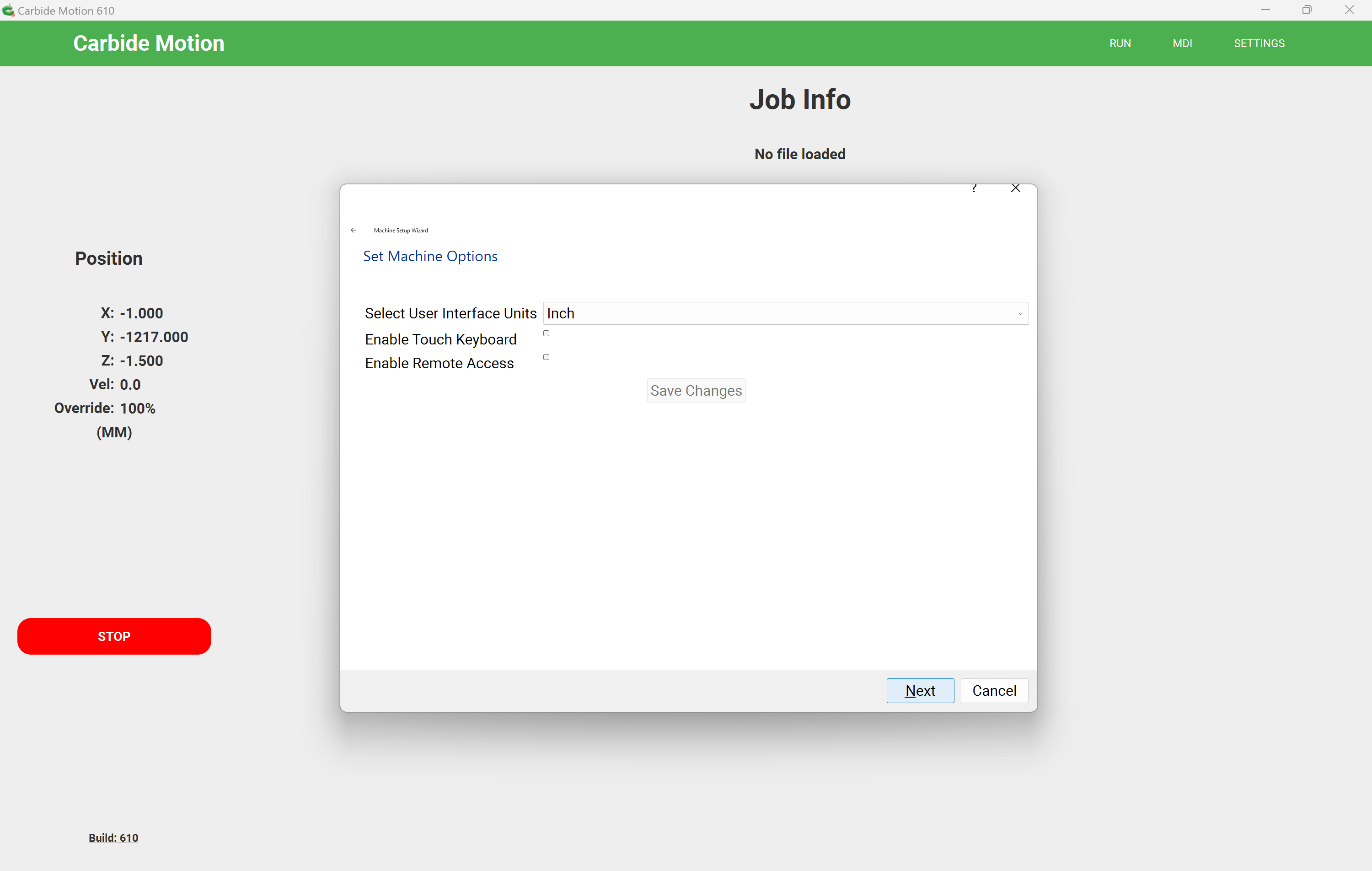 Setup machine options
