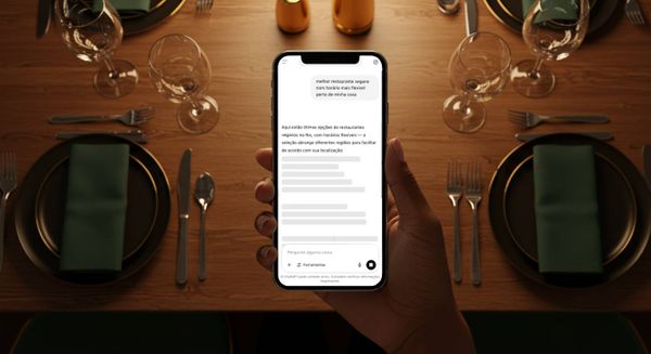 Mão segurando celular com busca por IA para restaurantes, destacando automação comercial e cardápio digital..”
