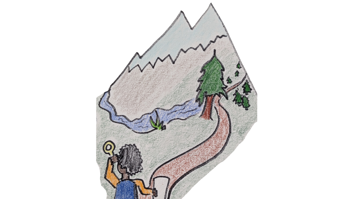 A person exploring a mountainous terrain with a notepad and magnifying glass to exemplify the journey of decoding the immense environment of health information