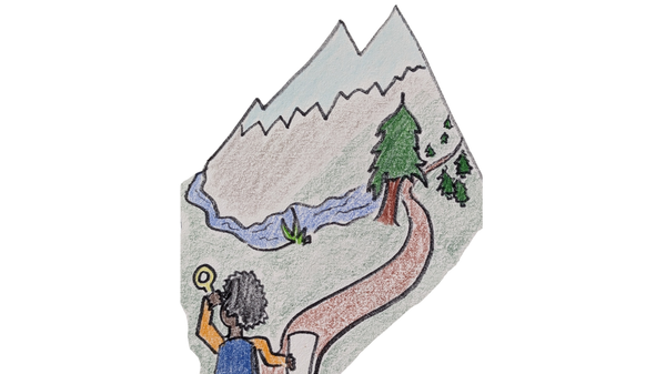 A person exploring a mountainous terrain with a notepad and magnifying glass to exemplify the journey of decoding the immense environment of health information