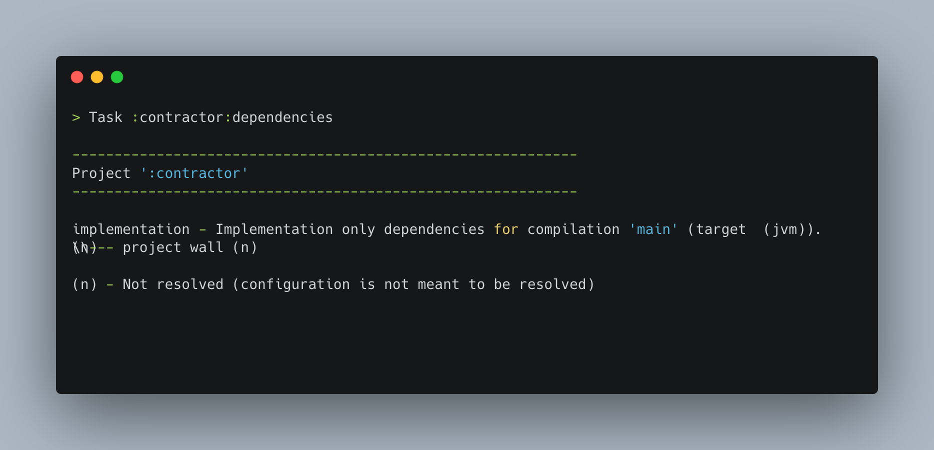 The output of Dependency Tree for Contract Module Showing Only Implementation Group