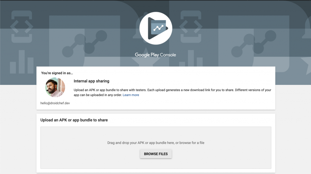 Internal app sharing page in Google Play console