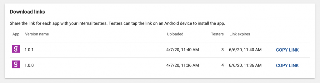 Download links section of Internal app sharing page.