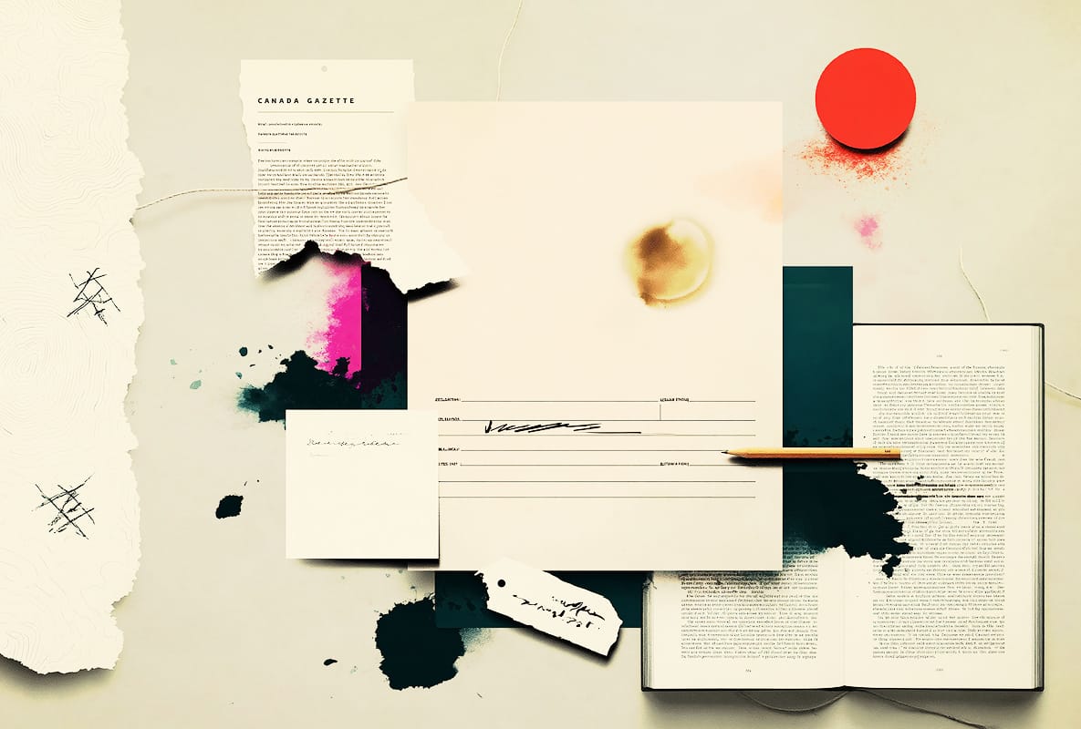 Editorial collage of Canada Gazette-style paperwork, blank forms, and a pencil representing prohibited-firearm compliance instructions.