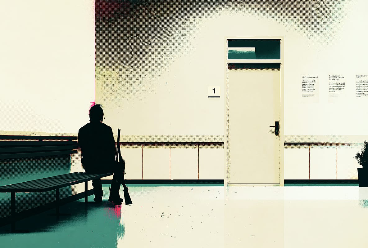 High-contrast illustration of a person holding a rifle silhouette near a detachment hallway door, used to warn against unsafe or unauthorized drop-off attempts.