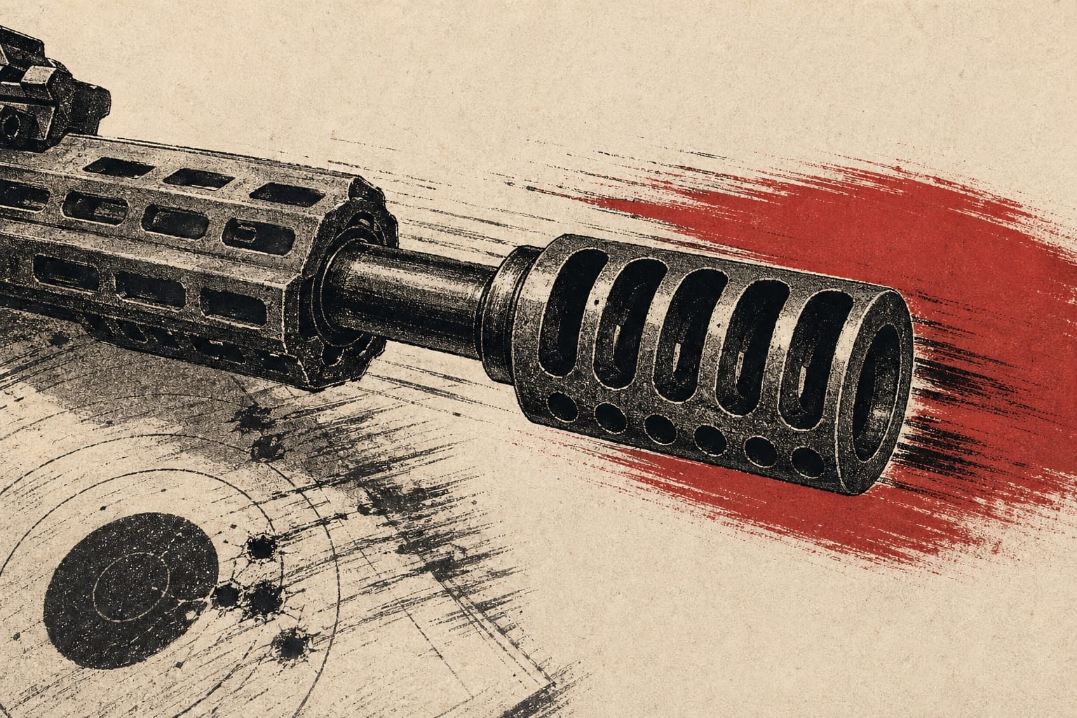 Editorial image of a compact .308 muzzle brake and controlled recoil concept on textured cream paper.