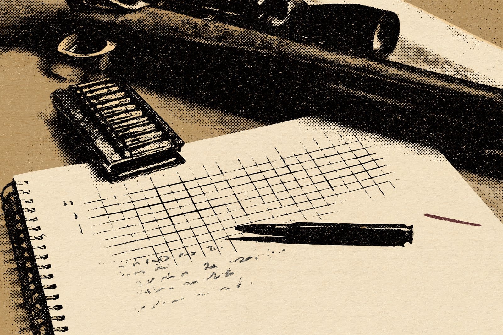 Editorial image of a tan precision rifle action, open magazine, cartridge, and range notebook on a textured cream shooting bench.