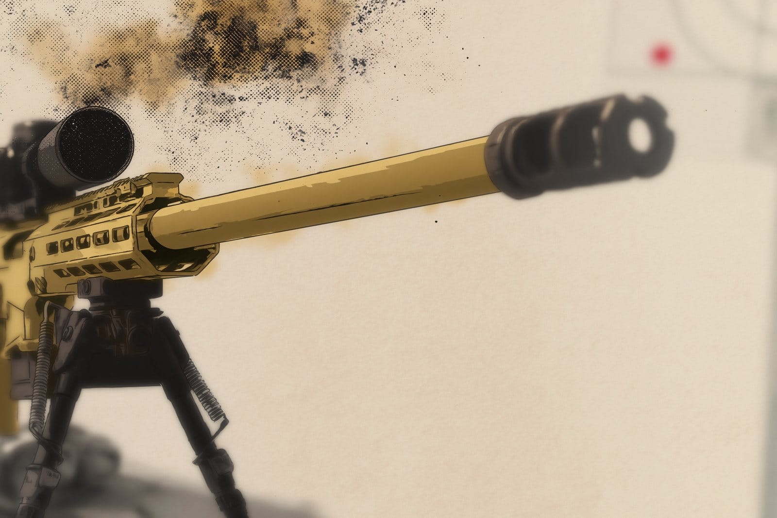 Editorial image of a tan precision rifle fore-end, long barrel, muzzle brake, and bipod in warm black and tan on cream paper.
