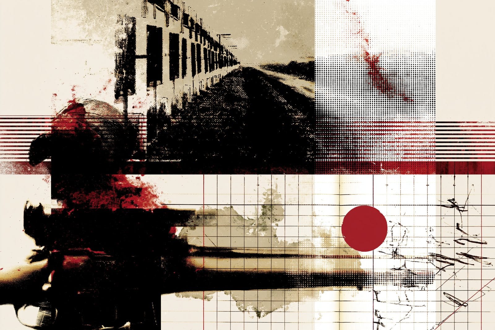 Editorial collage of a long-range target lane, tan rifle edge, rear bag, and range log rendered on cream paper.