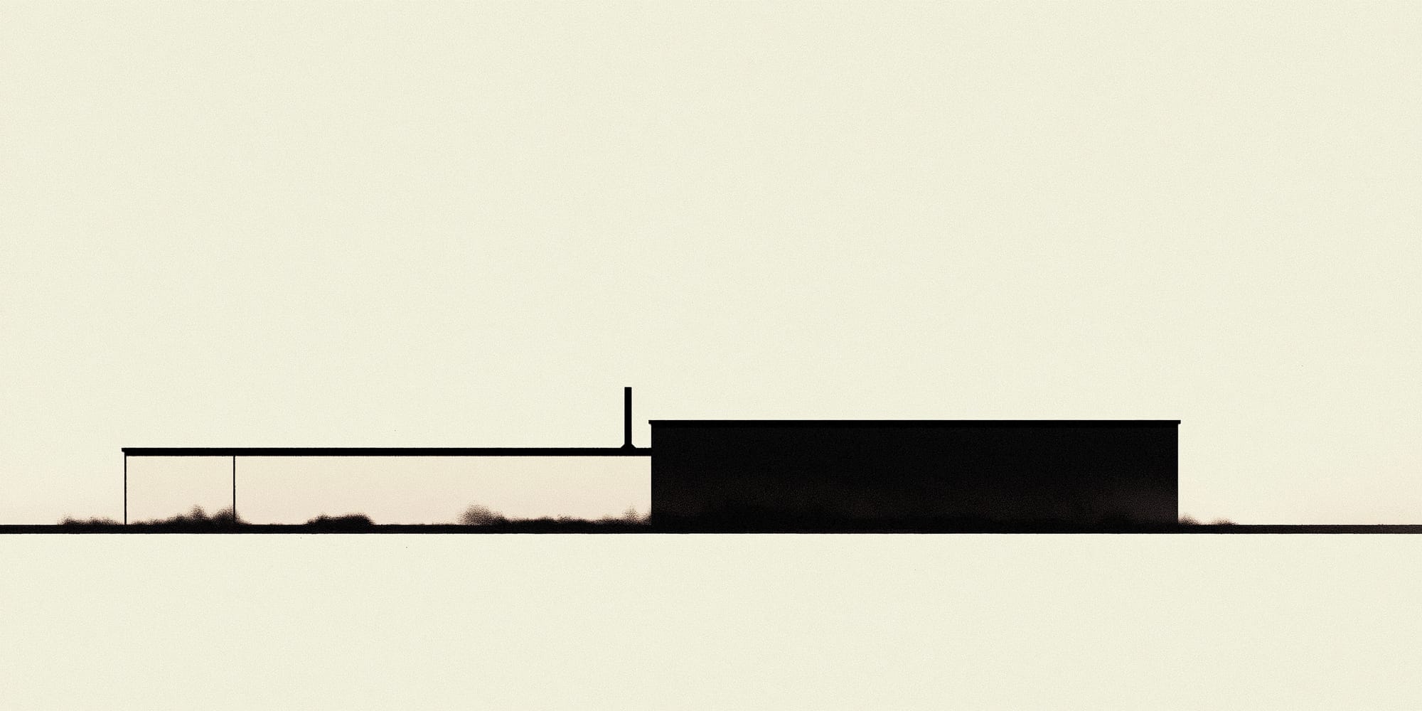 Minimal black silhouette of a factory building on a warm cream background, used to represent Canadian rifle manufacturing.
