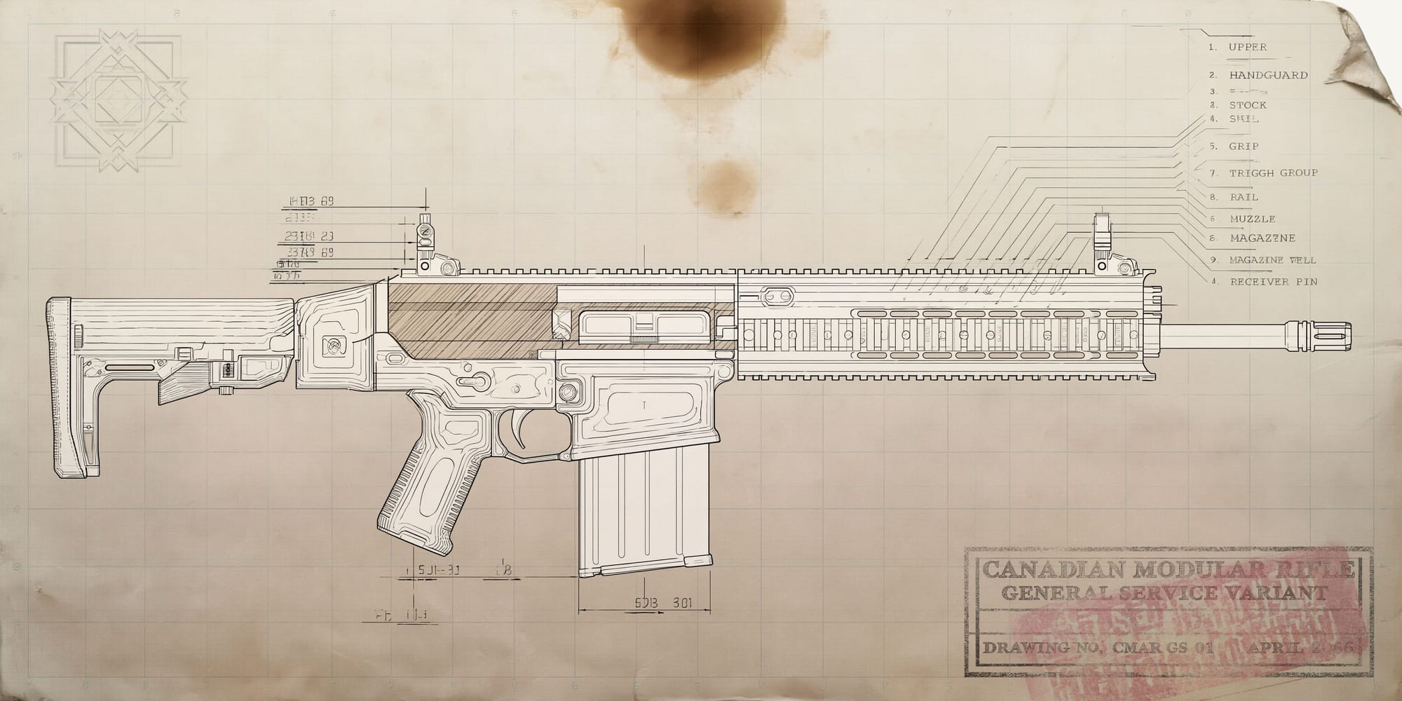 Blueprint-style illustration of a Canadian Modular Rifle general service variant with labelled parts and a cream technical drawing background.