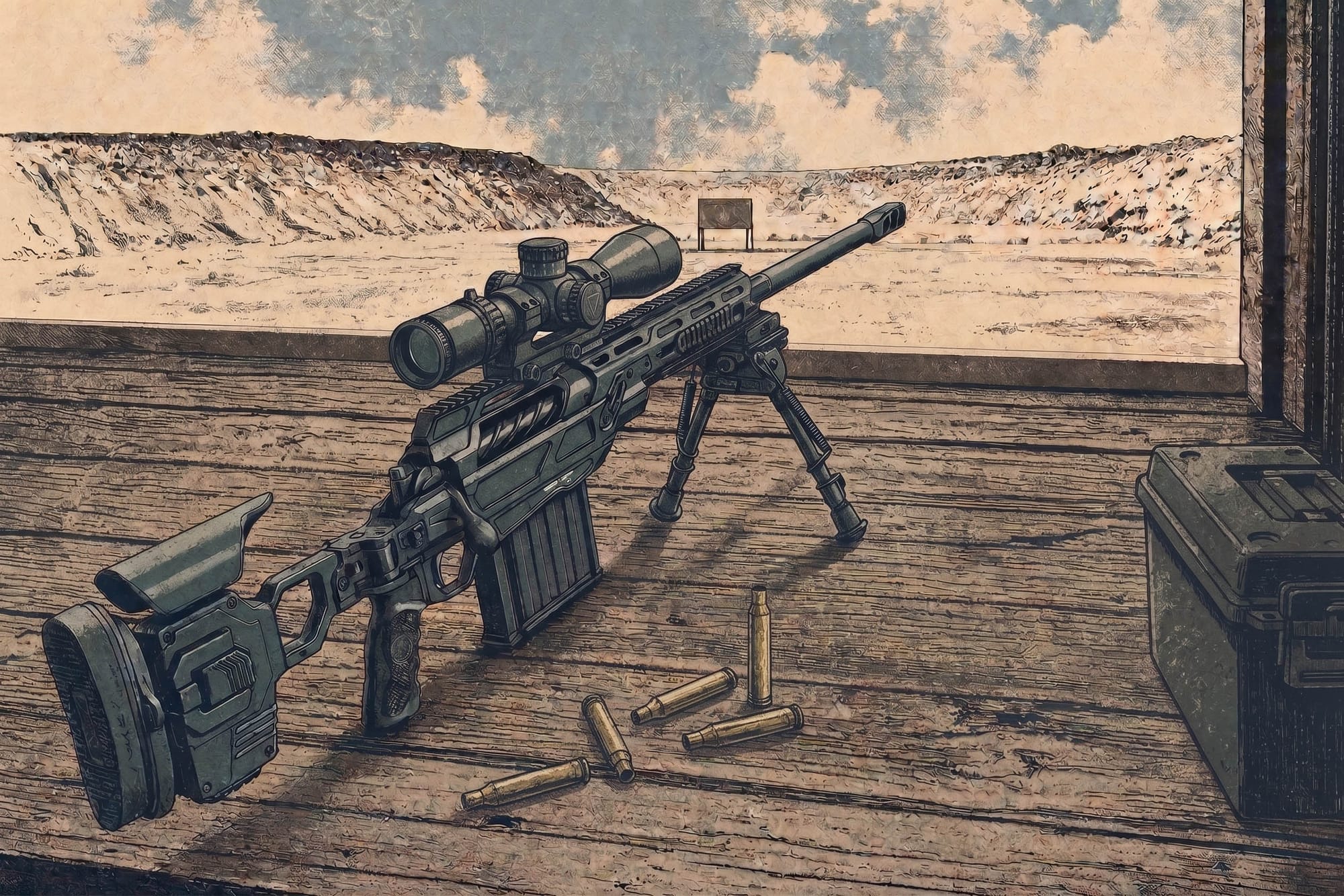 A lawful Canadian precision range bench with a closed case, data notebook, target card, hearing protection, and brass tray.