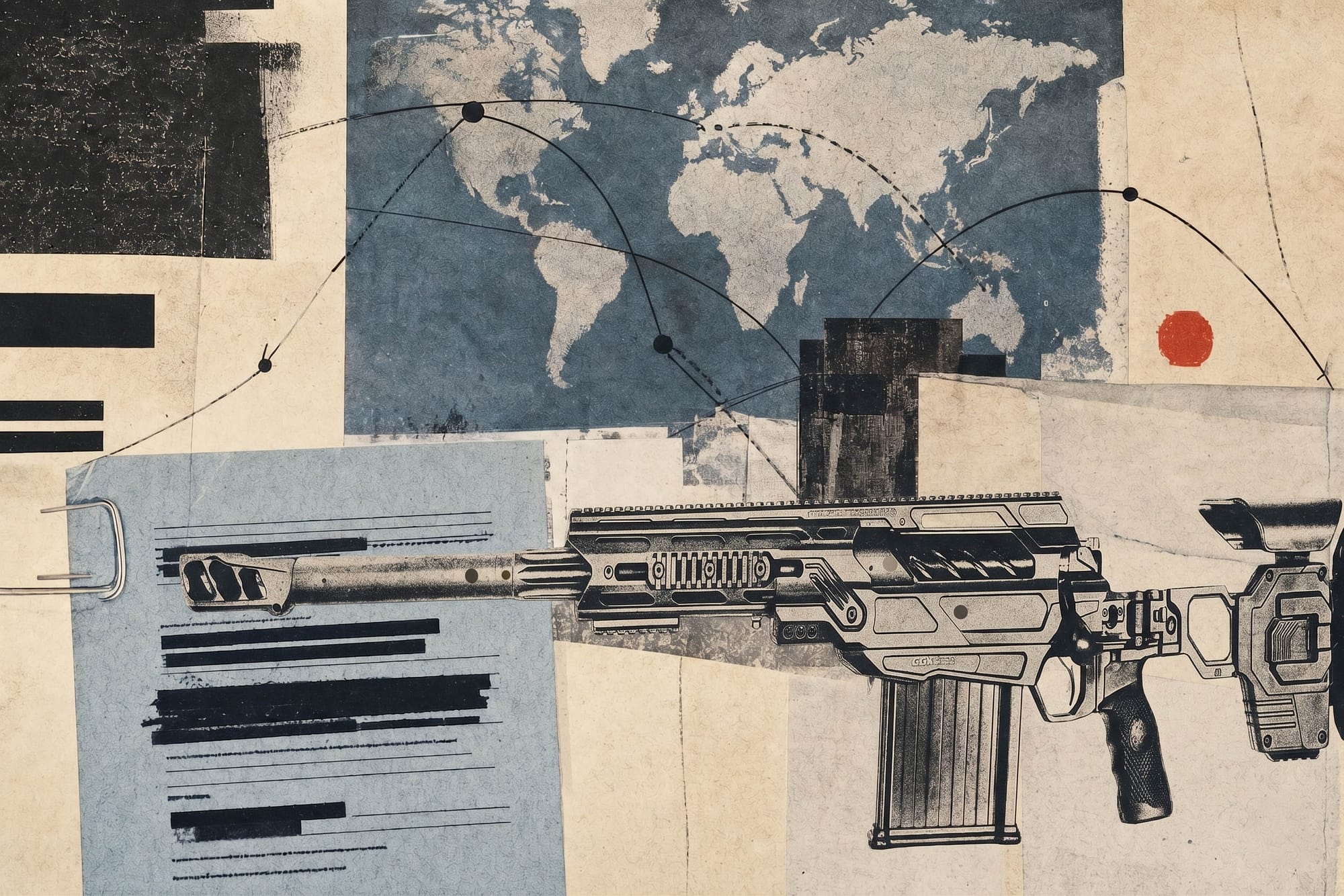 A layered export-route collage with obscured shipping marks, sanctions paper, and a blocked route line.