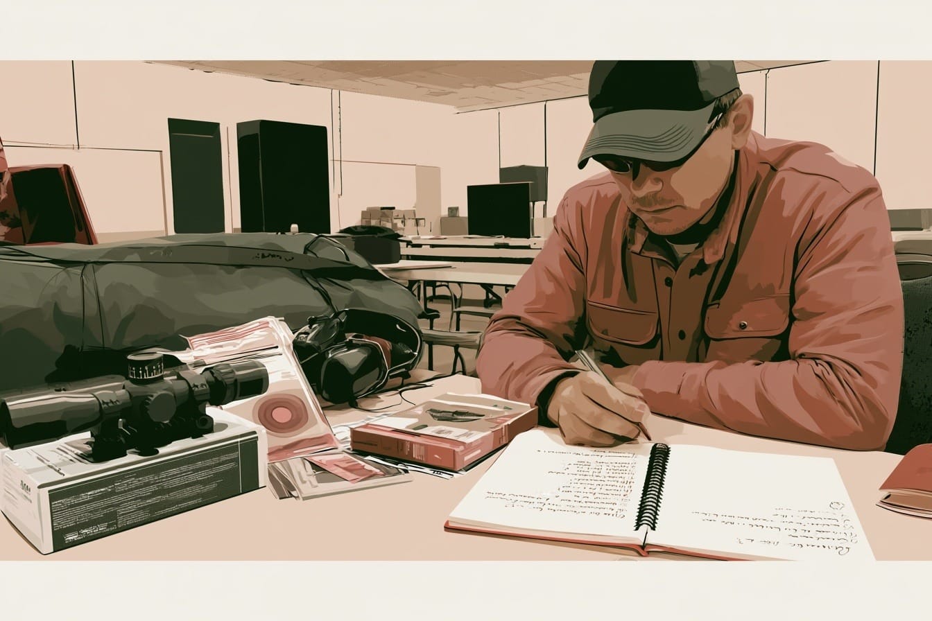 A new shooter looking at optics, rests, targets, and reloading manuals on a vendor table.