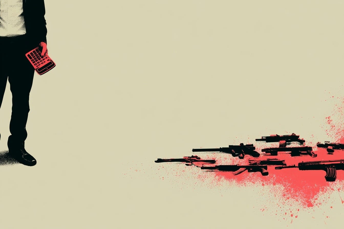 Editorial illustration of compensation-program paperwork, regulation pages, and Canadian firearms-policy notes.