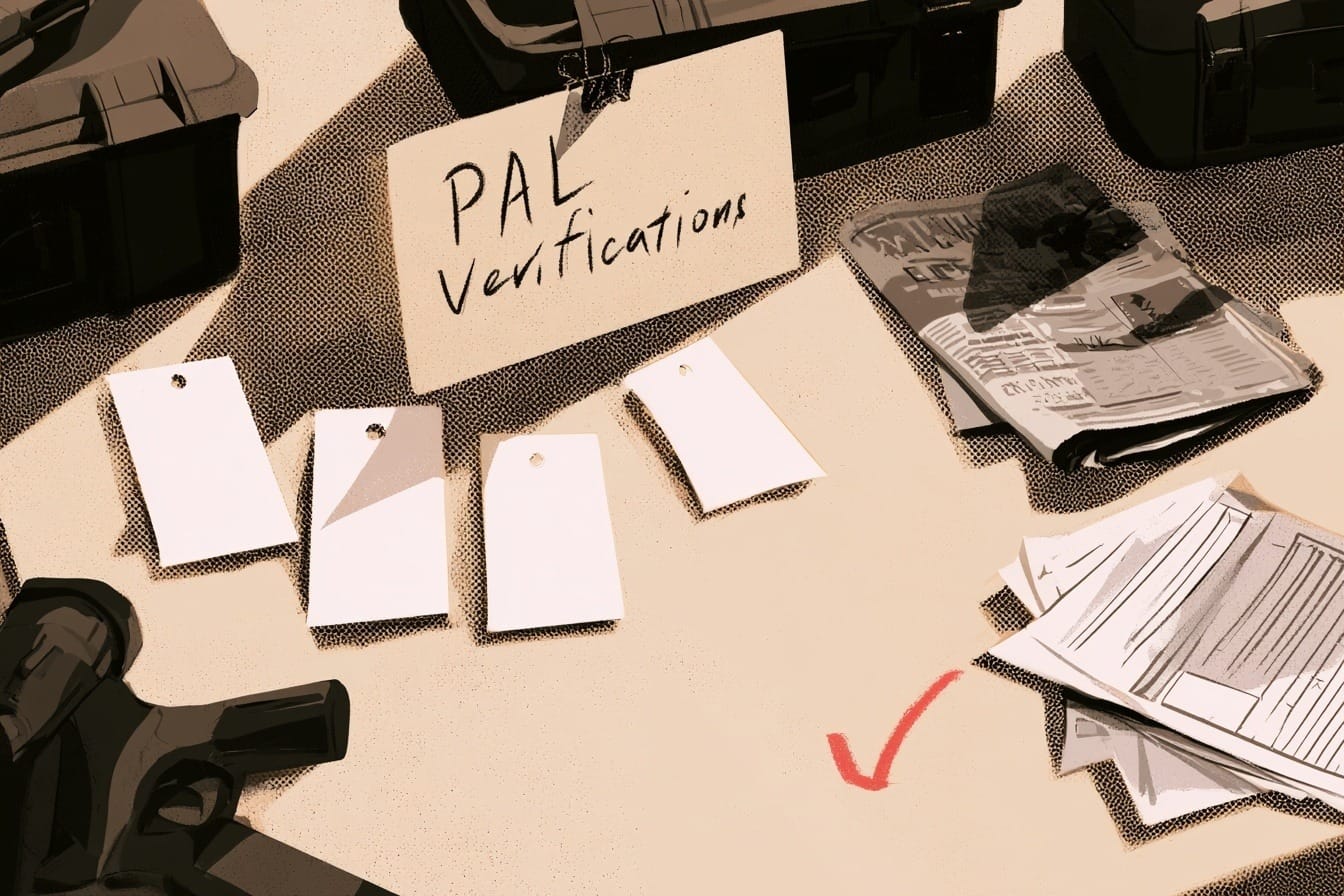 A community hall vendor table with a PAL verification sign, price tags, and paperwork.