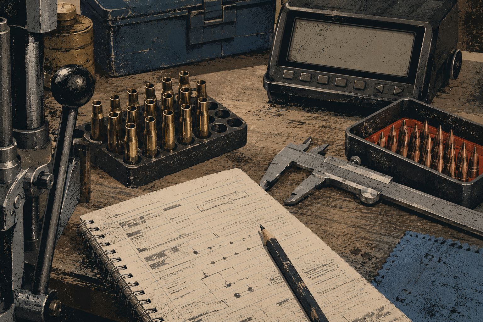 A reloading bench with brass, projectiles, a chronograph, calipers, and range notes in the Holdover editorial style.