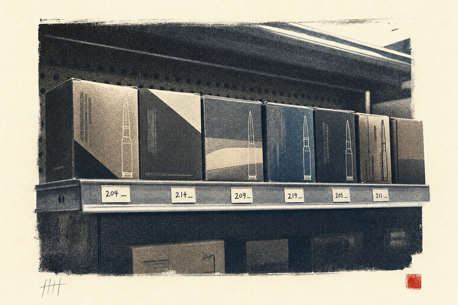 A retail shelf carrying boxes of factory match .338 Lapua ammunition, price tags showing in the low two hundred dollar range, fluorescent overhead light catching the box corners.