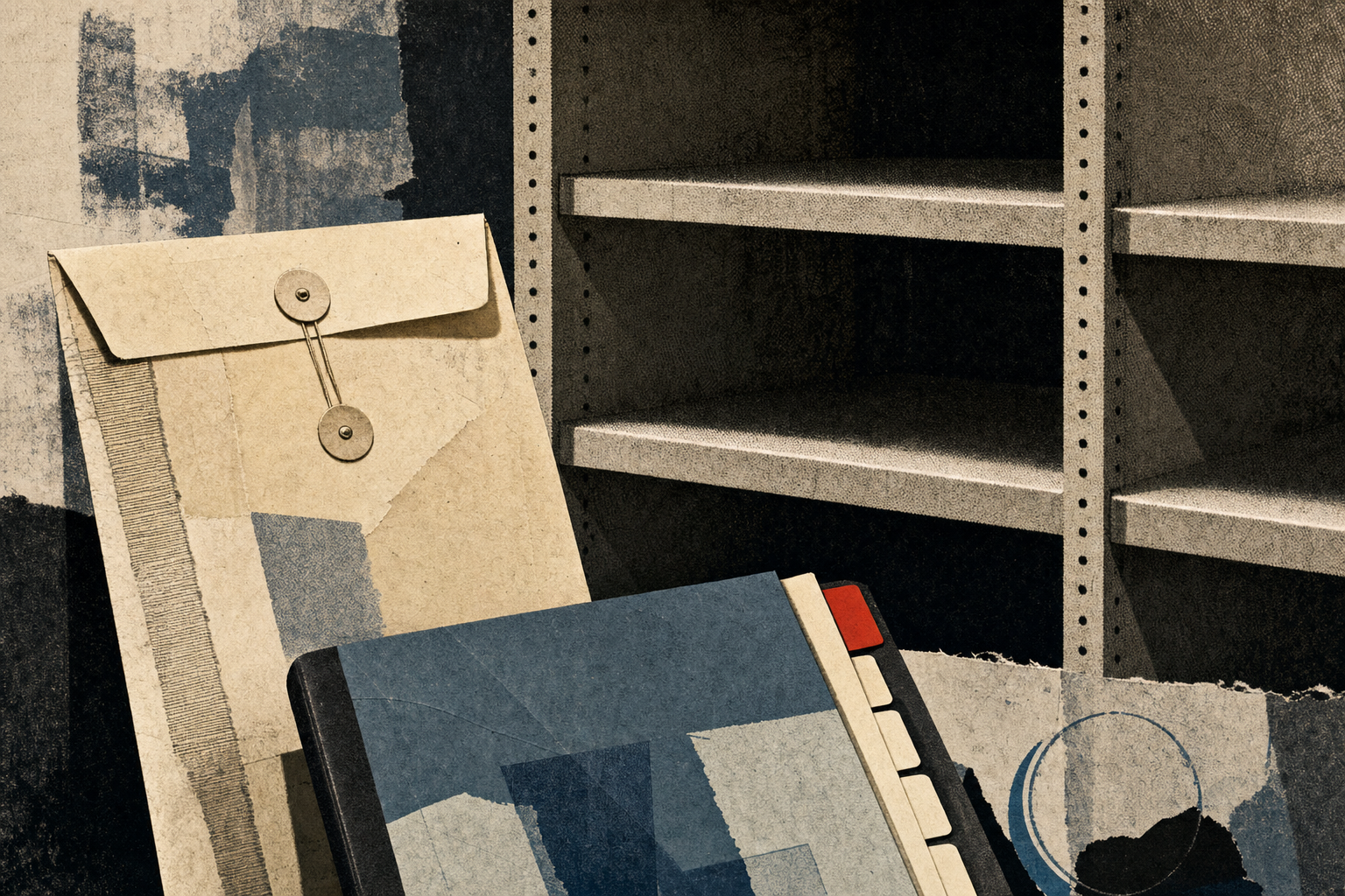 An access-to-information envelope beside an empty evidence shelf and an abstract program binder.