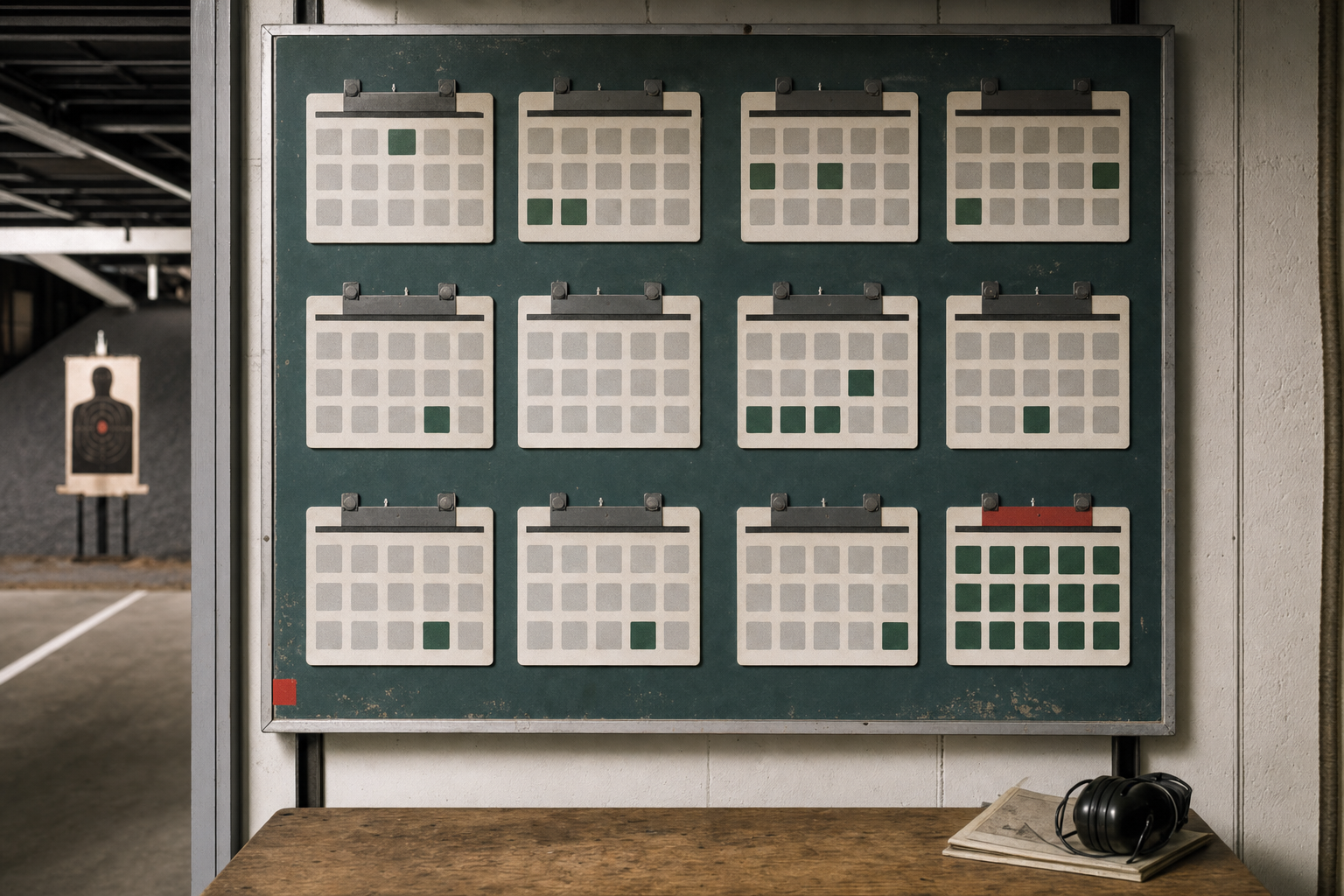 A course availability board with abstract date blocks and one nearly full class.