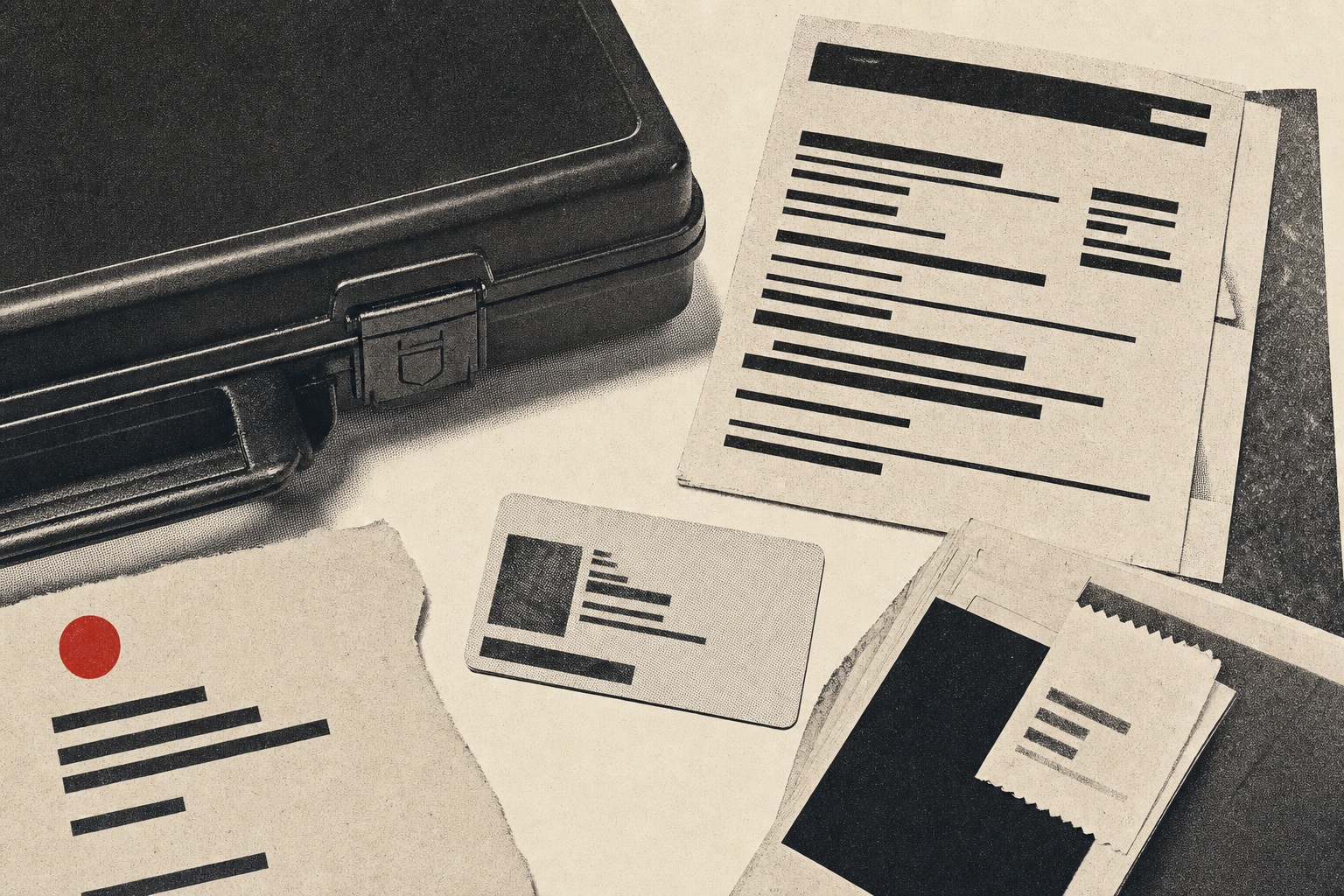 A closed case, contest rules, PAL card shape, and abstract compliance paperwork on cream paper.