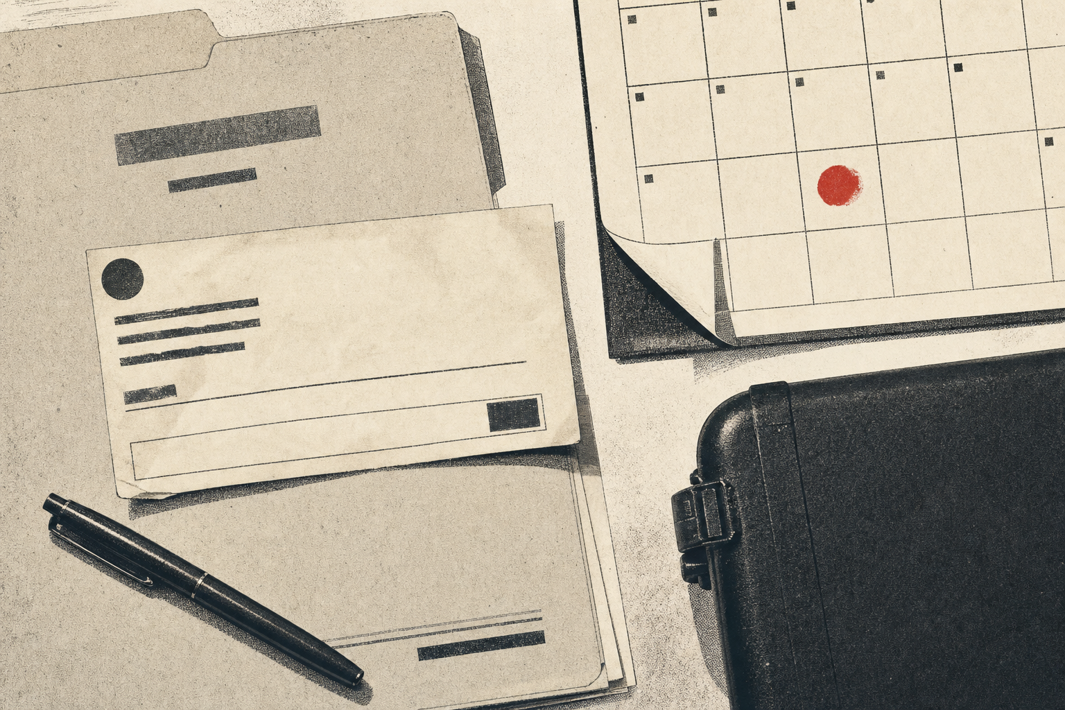 A portal message slip, funding agreement folder, calendar, and closed case on cream paper.