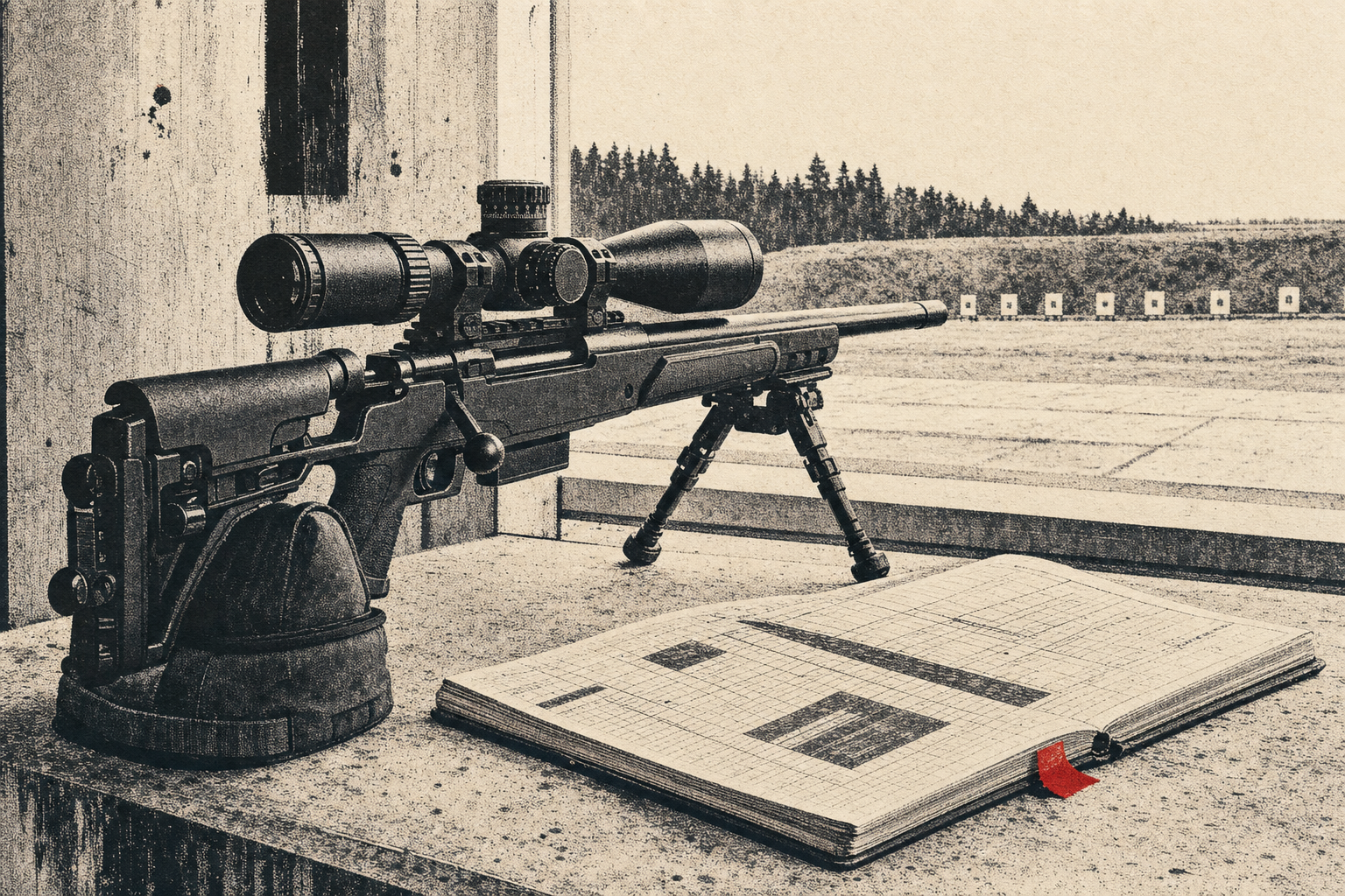 A compact .308 precision rifle with folded stock, optic, bipod, and data notebook on a cream range bench.