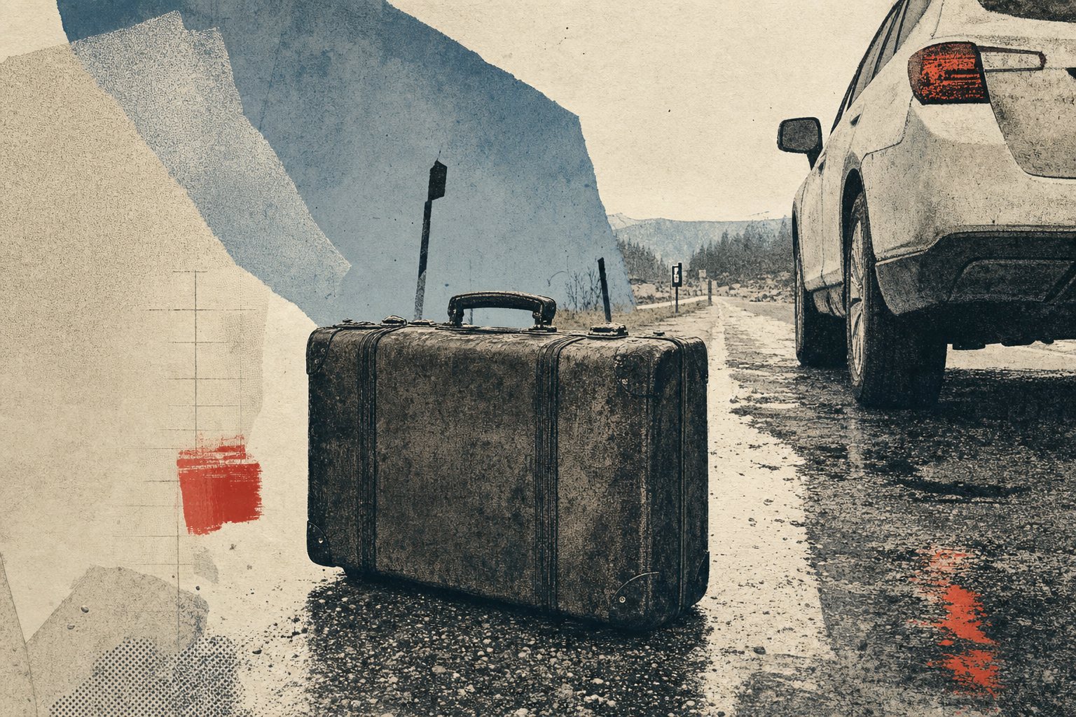 A heavy suitcase on a highway shoulder near a stopped vehicle, rendered as editorial illustration.
