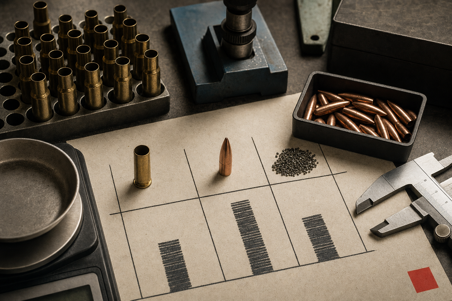 Close editorial image of handloading components, calipers, scale, and brass arranged as a cost breakdown.