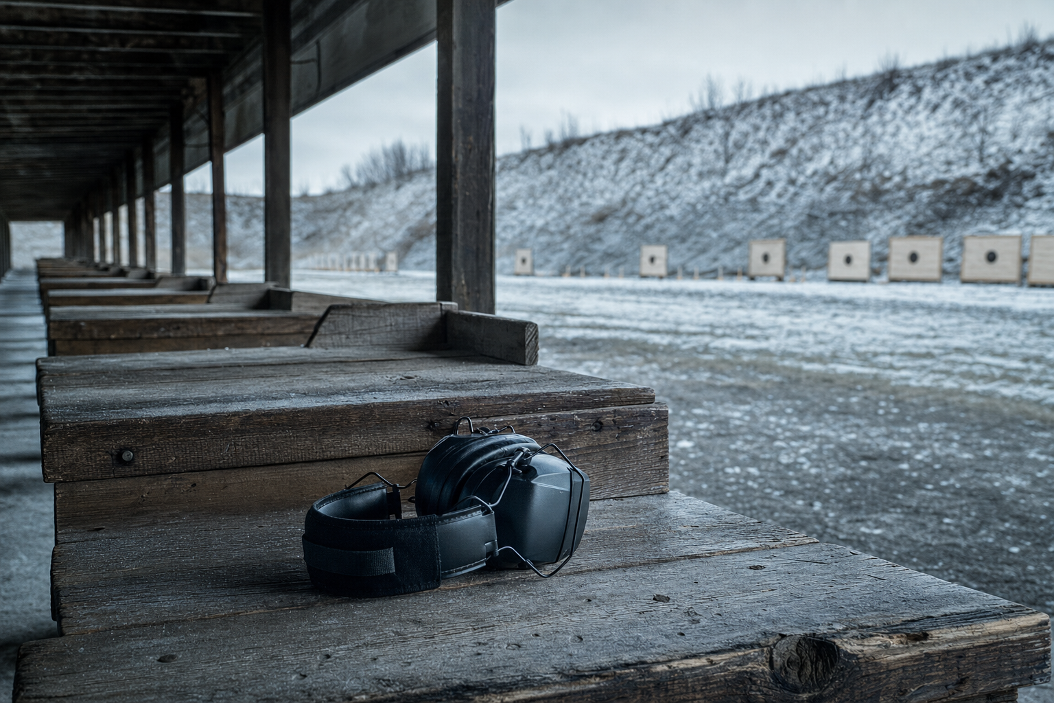 Empty range benches under a cold roofline, with hearing protection on the timber surface and target backers downrange.