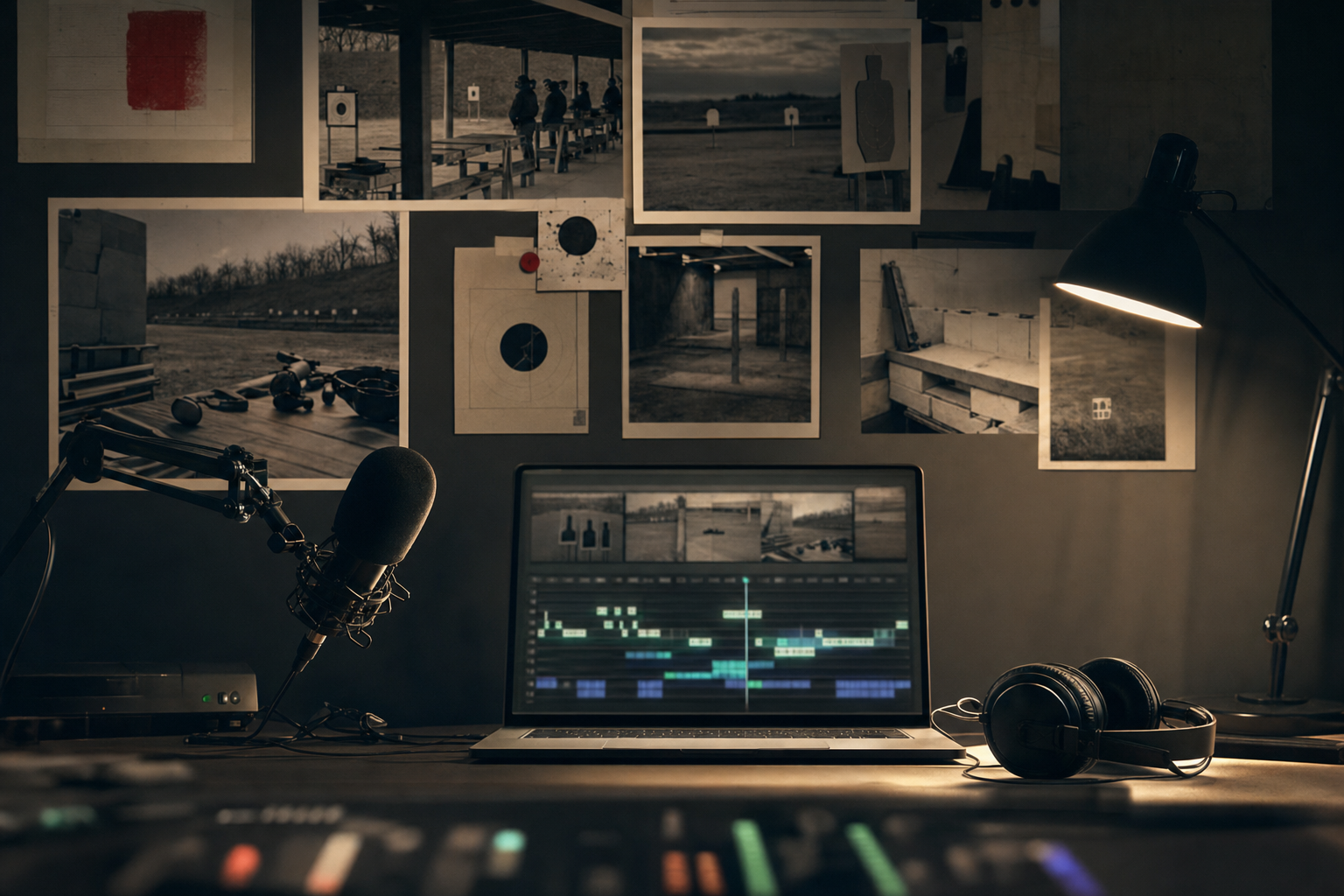 A restrained advocacy production room with abstract video timeline light, microphones, headphones, and range-event stills without readable text.