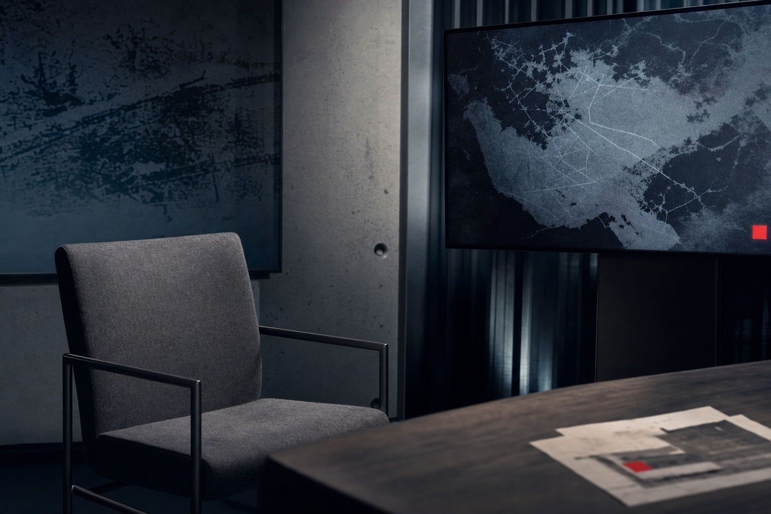 A quiet public-affairs studio setup with one empty chair and an abstract map on a monitor.