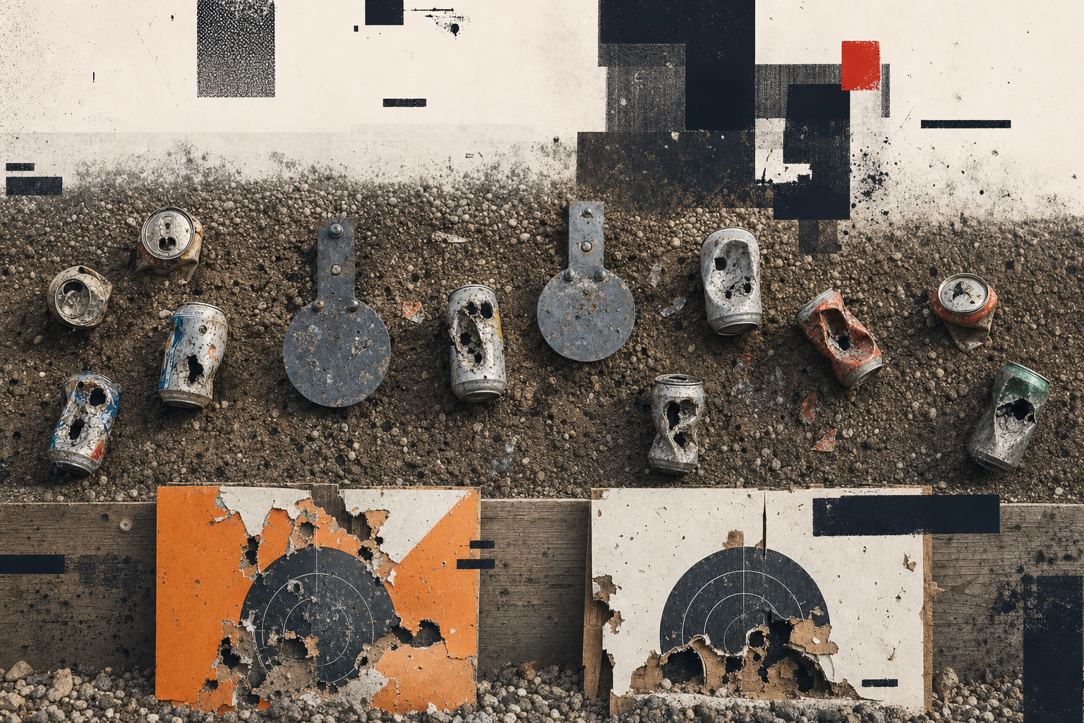 A range backstop with dented pop cans, steel plates, and abstract online-comment blocks.