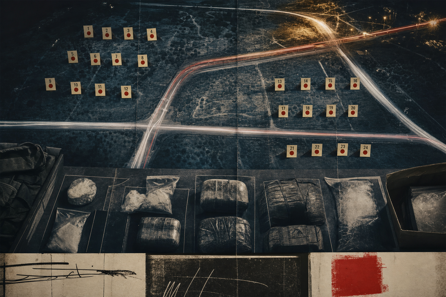 A data-led editorial scene with 24 evidence markers, vehicle-light trails, and seized contraband shapes kept indistinct.