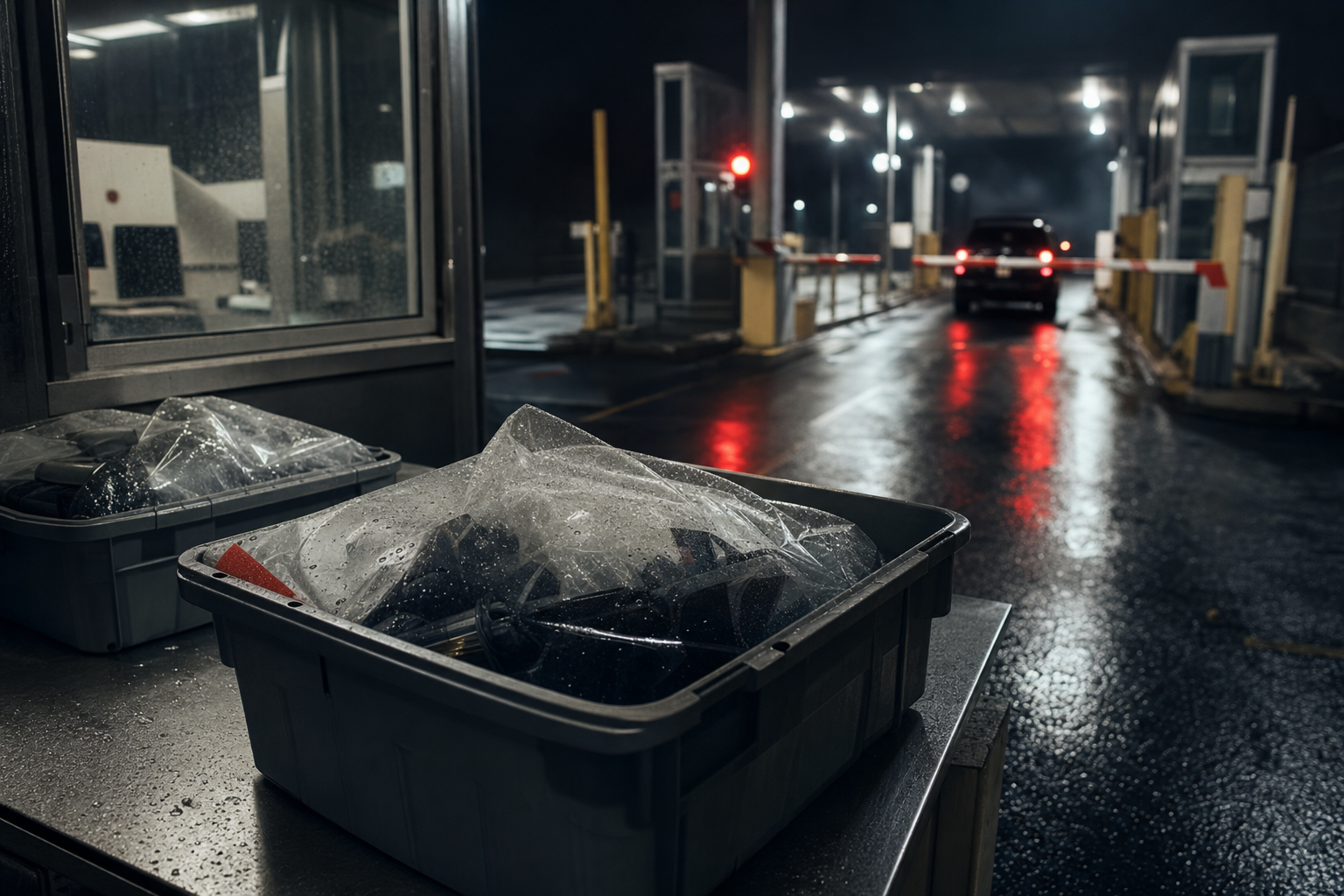 A Canadian border inspection lane with sealed evidence bins, wet asphalt, and cold inspection lights.